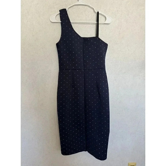 NWT BETSY & ADAM One Shoulder Ruffle Grommet Sheath Dress Navy Metal Stud Sz 8 - Picture 3 of 9